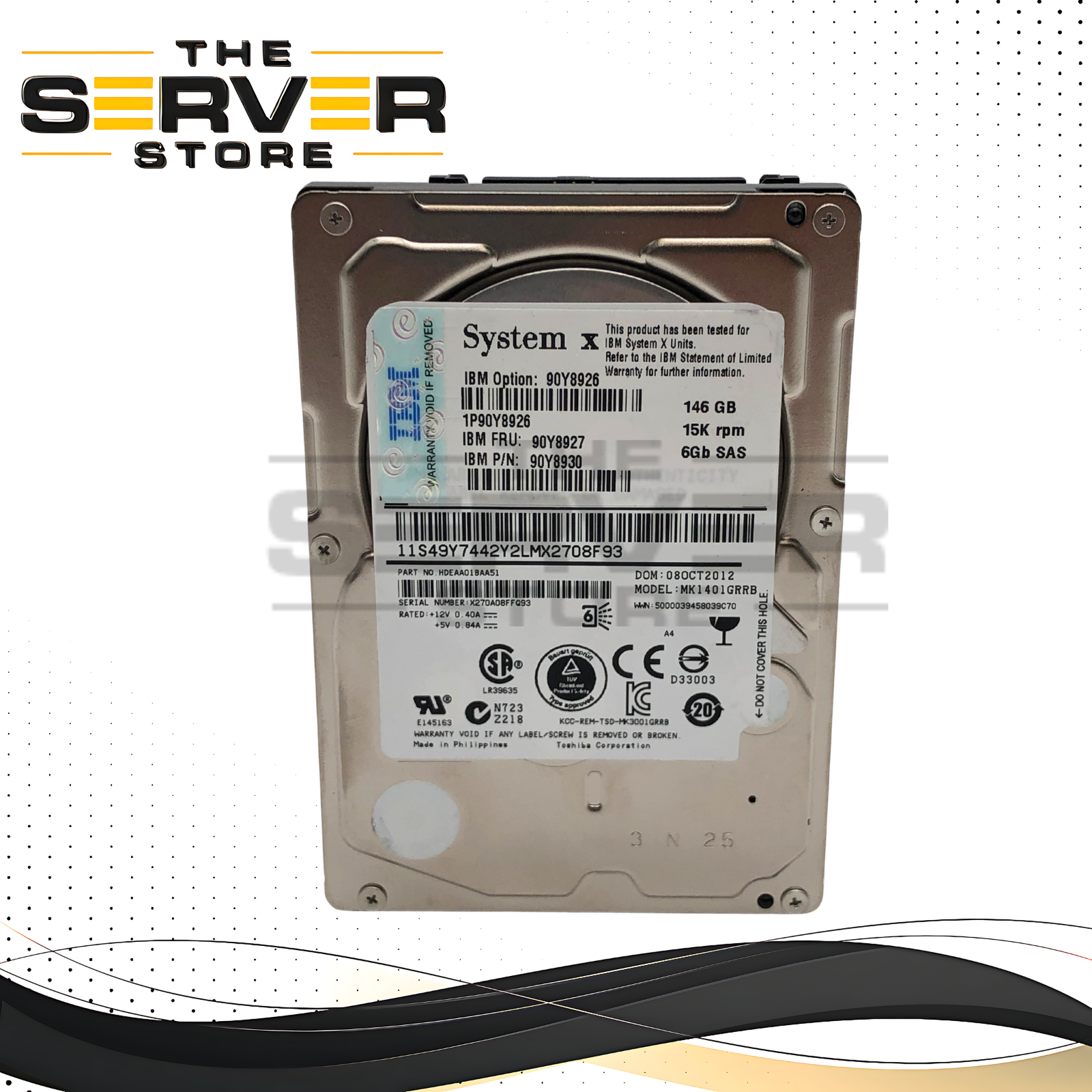 IBM Toshiba 146GB 15000RPM 6Gb/s SAS 2.5-inch SFF Enterprise Hard Disk Drive for System x Servers. P/N: HDEAA01BAA51, MK1401GRRB, 90Y8926, 90Y8930, 90Y8927.