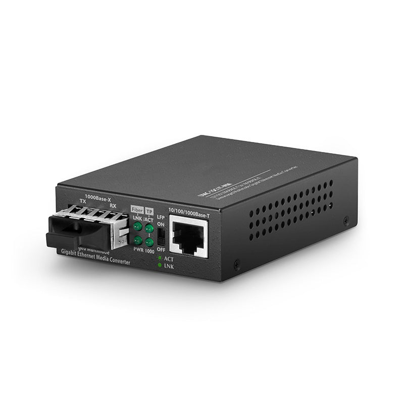 Unmanaged 1x 10/100/1000Base-T to 1x 1000Base-X Multimode SC 850nm 220/550m Gigabit Ethernet Media Converter, American Plug Standard