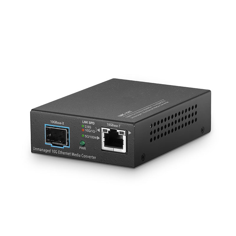 Unmanaged 1x 100M/1G/2.5G/5G/10GBase-T RJ45 to 1x 10GBase-X SFP+ Slot 10Gigabit Ethernet Media Converter, American Plug Standard