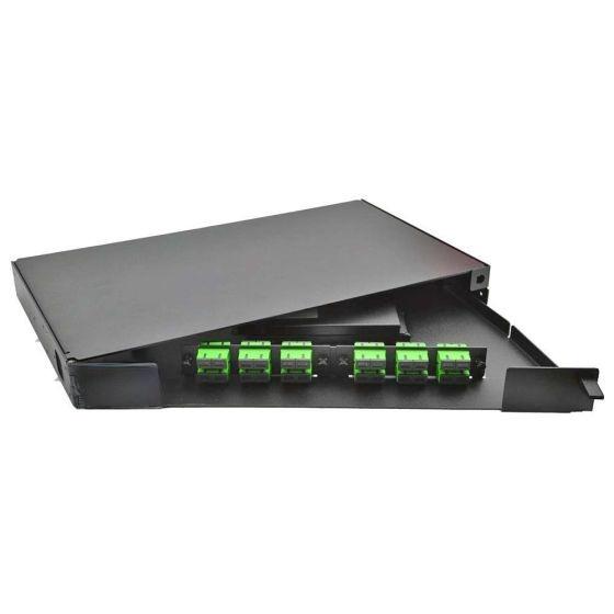 Rack Mount Enclosure Swingout 1RU Loaded with 2 Duplex SC/APC Plates Pigtails & Splice Trays Black