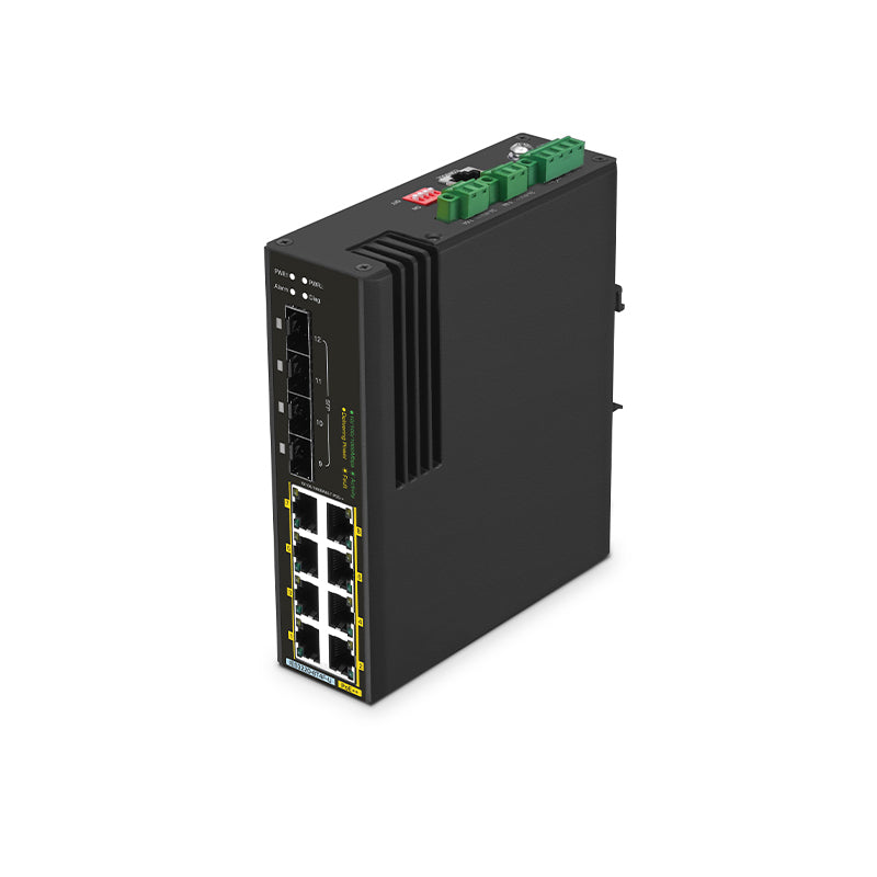 IES3220-8T4F-U, 8-Port Gigabit Ethernet L2+ Managed Industrial PoE++ Switch, 8 x PoE++ Ports@360W, with 4 x 1Gb SFP, -40 to 75°C Operating Temperature