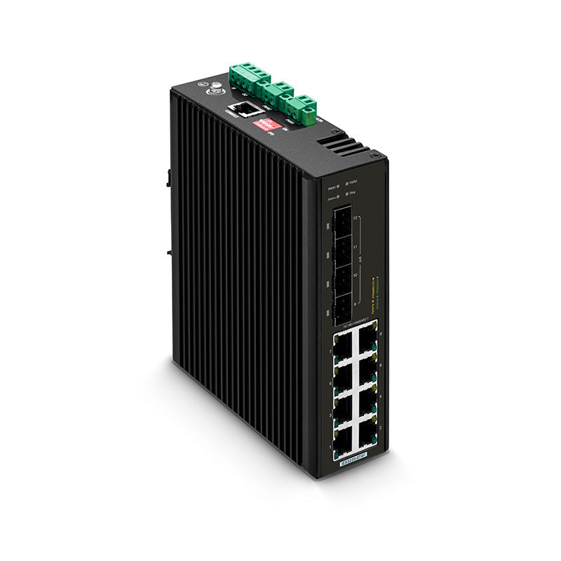 FS-IES3220-8T4F, 8-Port Gigabit Ethernet L2+ Managed Industrial Switch, 8 x 10/100/1000MBASE-T, with 4 x 1Gb SFP, -40 to 75°C Operating Temperature