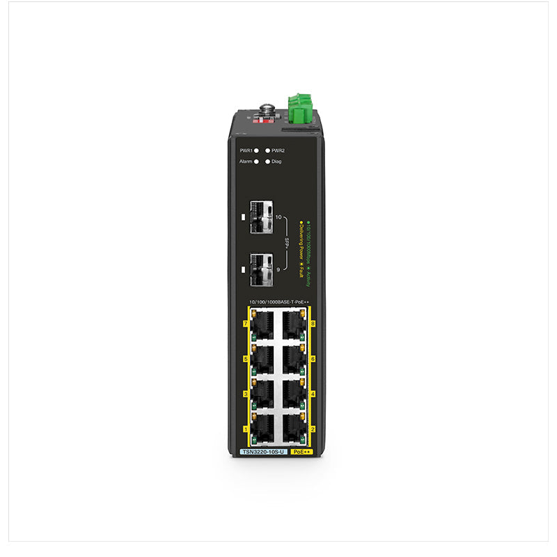 FS-TSN3220-10S-U, 8-Port Gigabit Ethernet L2 Managed TSN Industrial PoE++ Switch, 8 x PoE++ Ports@360W, with 2 x 1/10Gb SFP+, -40 to 75°C Operating Temperature