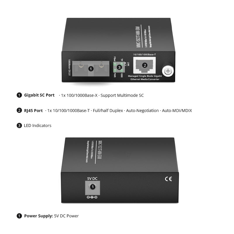 Managed 1x 10/100/1000Base-T RJ45 to 1x 100/1000Base-X Multimode SC Duplex 850nm 550m Gigabit Ethernet Media Converter, Slide-in Module, American Plug Standard