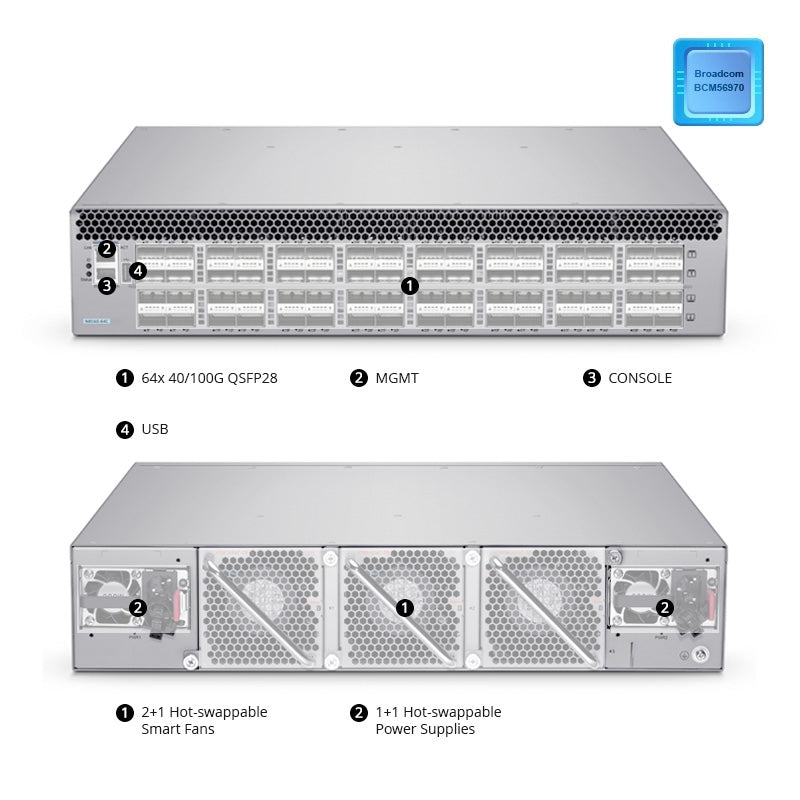 FS-N8560-64C, 64-Port Ethernet L3 Data Center Switch, 64 x 100Gb QSFP28, Support MLAG/Stacking, Broadcom Chip