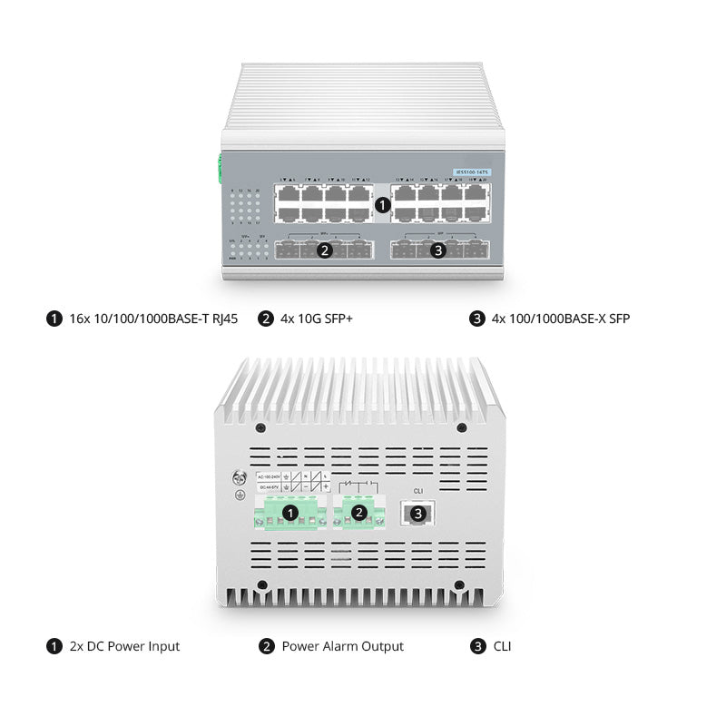 FS-IES5100-16TS, 16-Port Gigabit Ethernet L2+ Managed Industrial Switch, 16 x 10/100/1000BASE-T, with 4 x 1Gb SFP and 4 x 10Gb SFP+, -40 to 75°C Operating Temperature