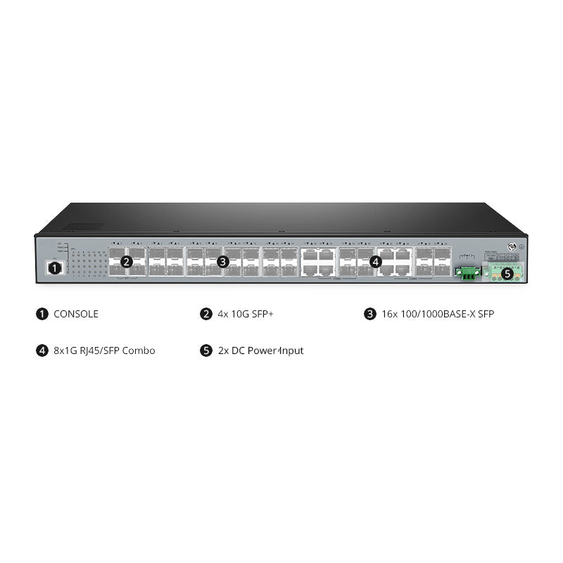 FS-IES5100-24FS, 24-Port Gigabit Ethernet L2+ Managed Industrial Switch, 24 x 1Gb SFP, with 8 x 1Gb Combo and 4 x 10Gb SFP+, -40 to 85°C Operating Temperature