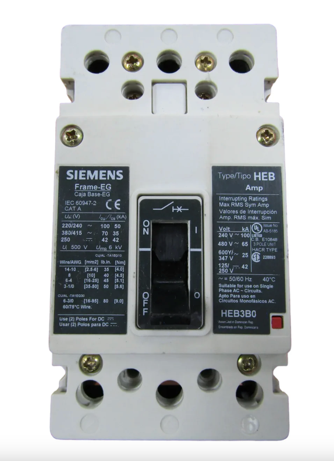 Siemens HEB3B060 Molded Case Circuit Breaker 60A 3-Pole 600V Bolt-On Thermal Magnetic
