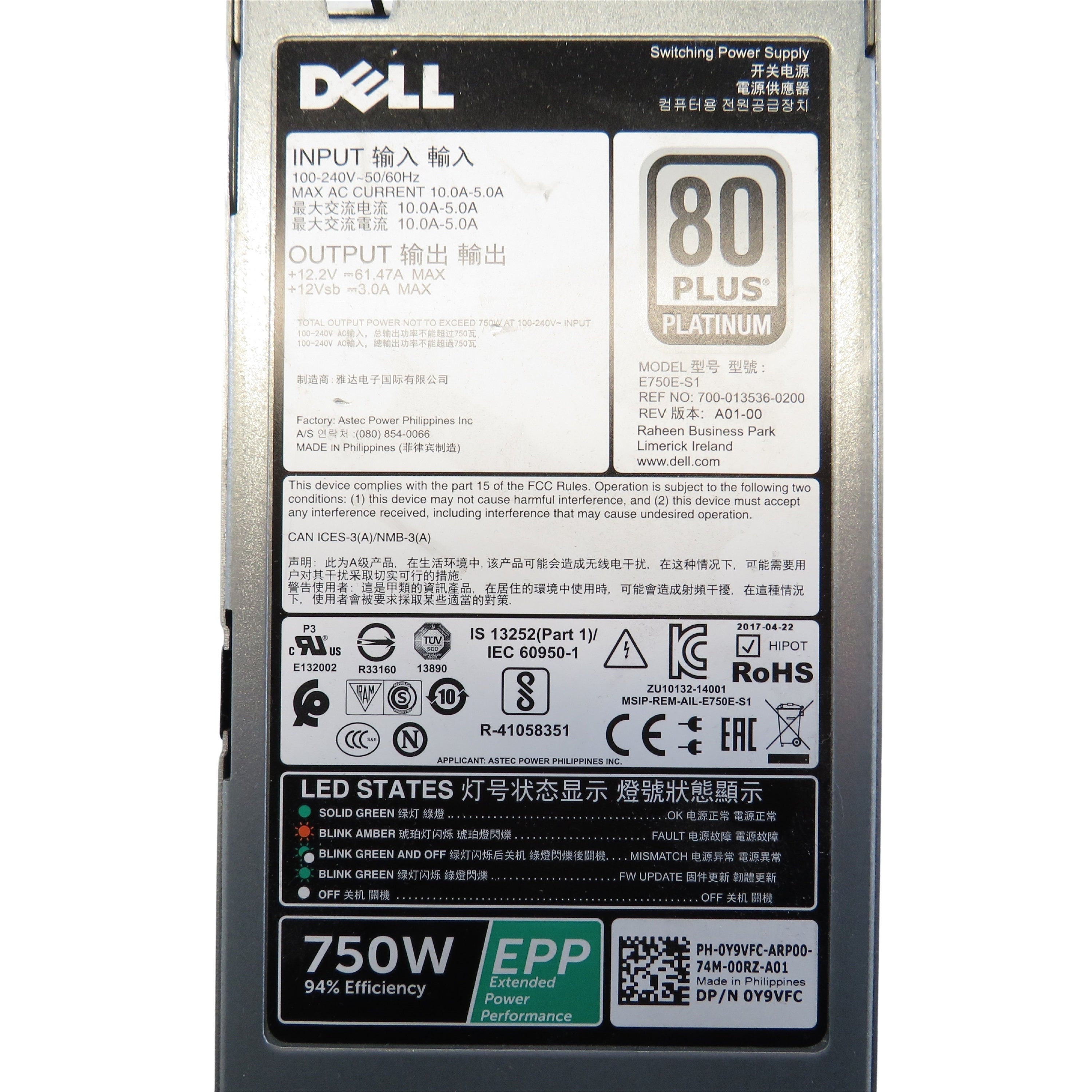 Dell Y9VFC 750W PowerEdge R520 R620 R720 R820 Server Power Supply (Refurbished)