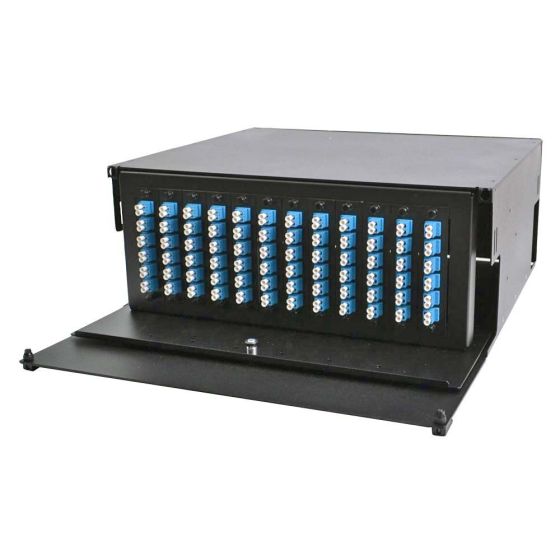 Rack Mount Enclosure 4RU Loaded with 12 Duplex LC/UPC Plates Pigtails & Splice Trays Black