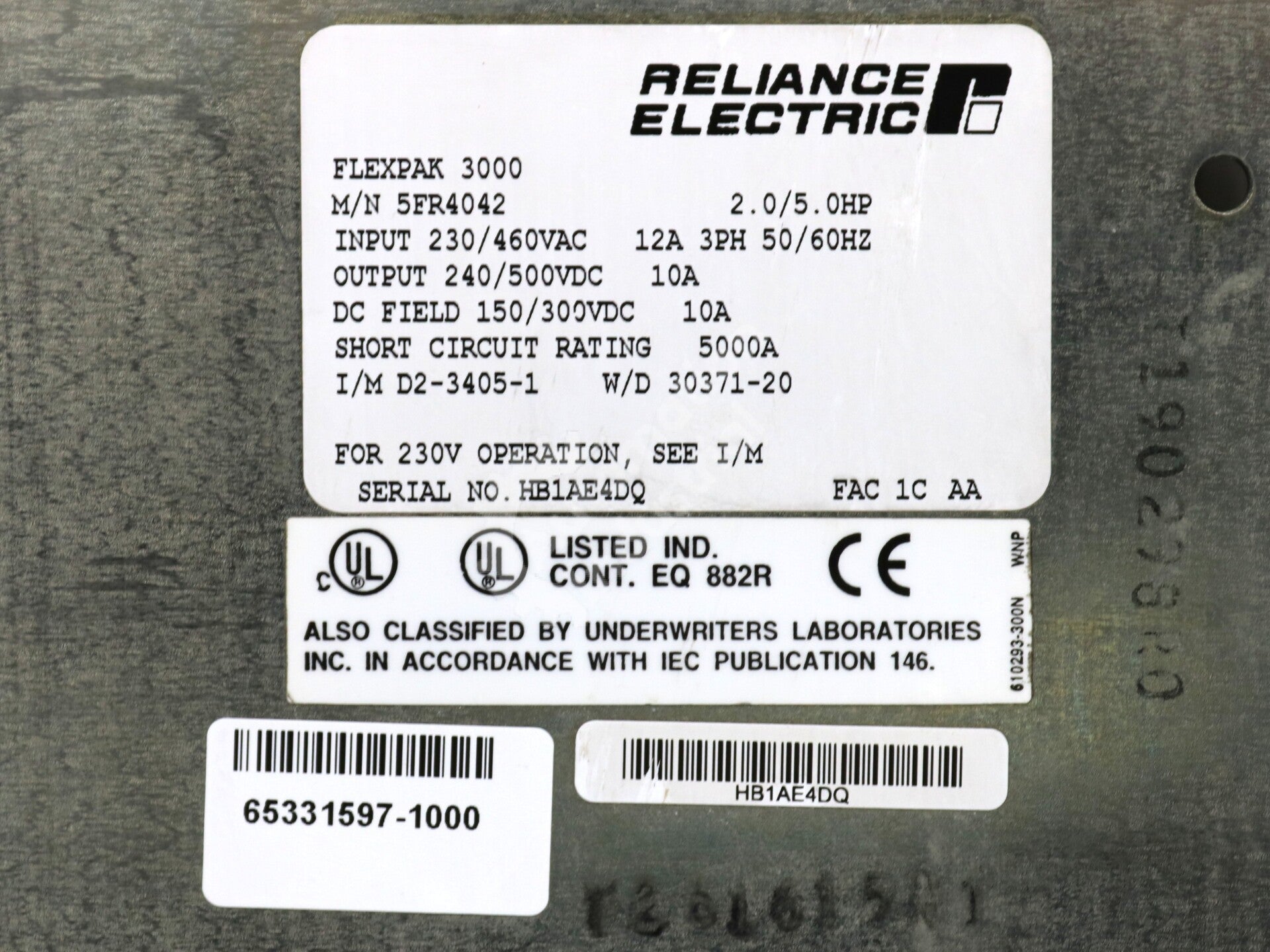 5FR4042 By Reliance Electric FlexPak 3000 2 HP/5 HP 230/460VAC 50/60 Hz DC Drive