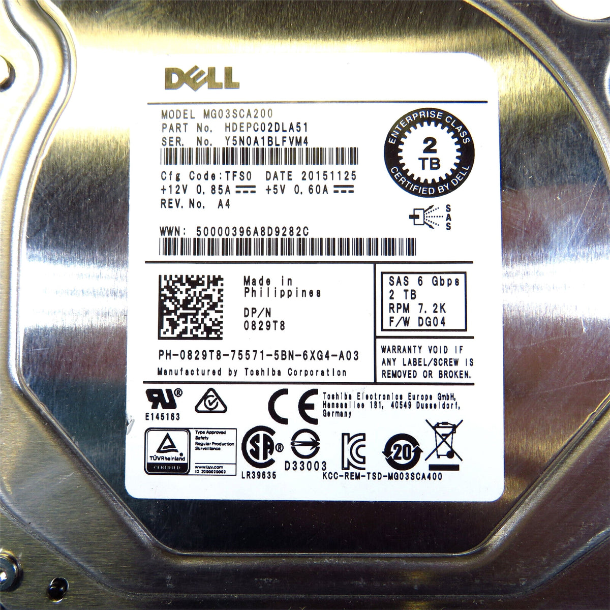 Dell 829T8 3.5" 2TB 7200RPM SAS 6Gb/s Hard Disk Drive (HDD), Silver (Refurbished)