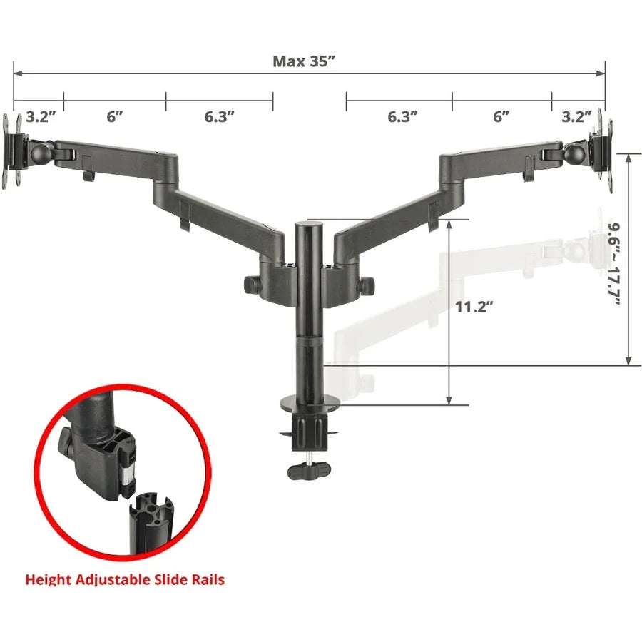 SIIG Dual Arm Pole Multi-Angle Replaceable Articulating Monitor Desk Mount - 14" to 30" - Max Load 17.6lbs each - Expandable Slide Rails Design - up to 4 monitors