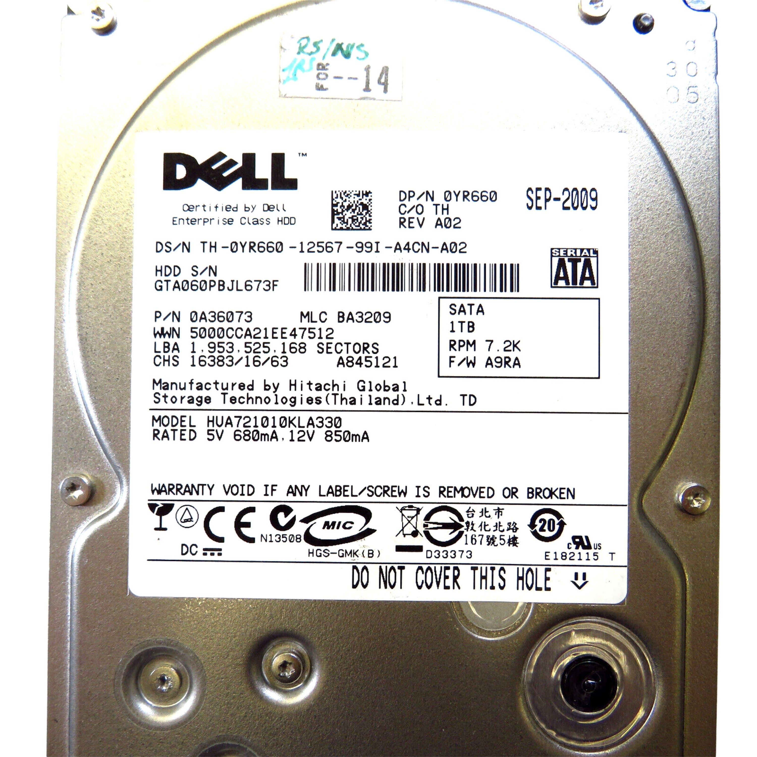 Dell YR660 3.5" 1TB 7200RPM SATA II Hard Disk Drive (HDD), Silver (Refurbished)