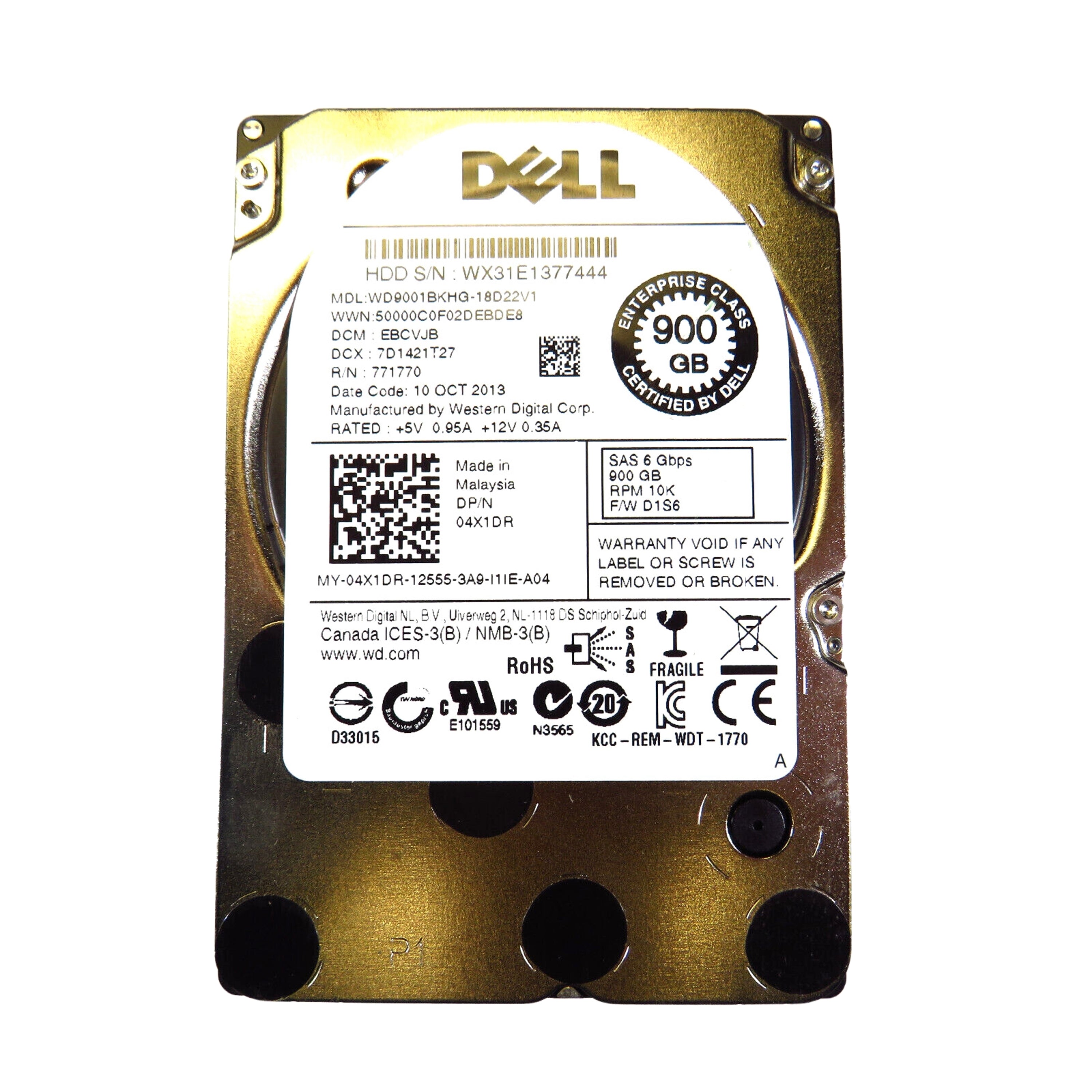 Dell 4X1DR 2.5" 900GB 10000RPM SAS 6Gb/s Hard Disk Drive (HDD), Silver (Refurbished)