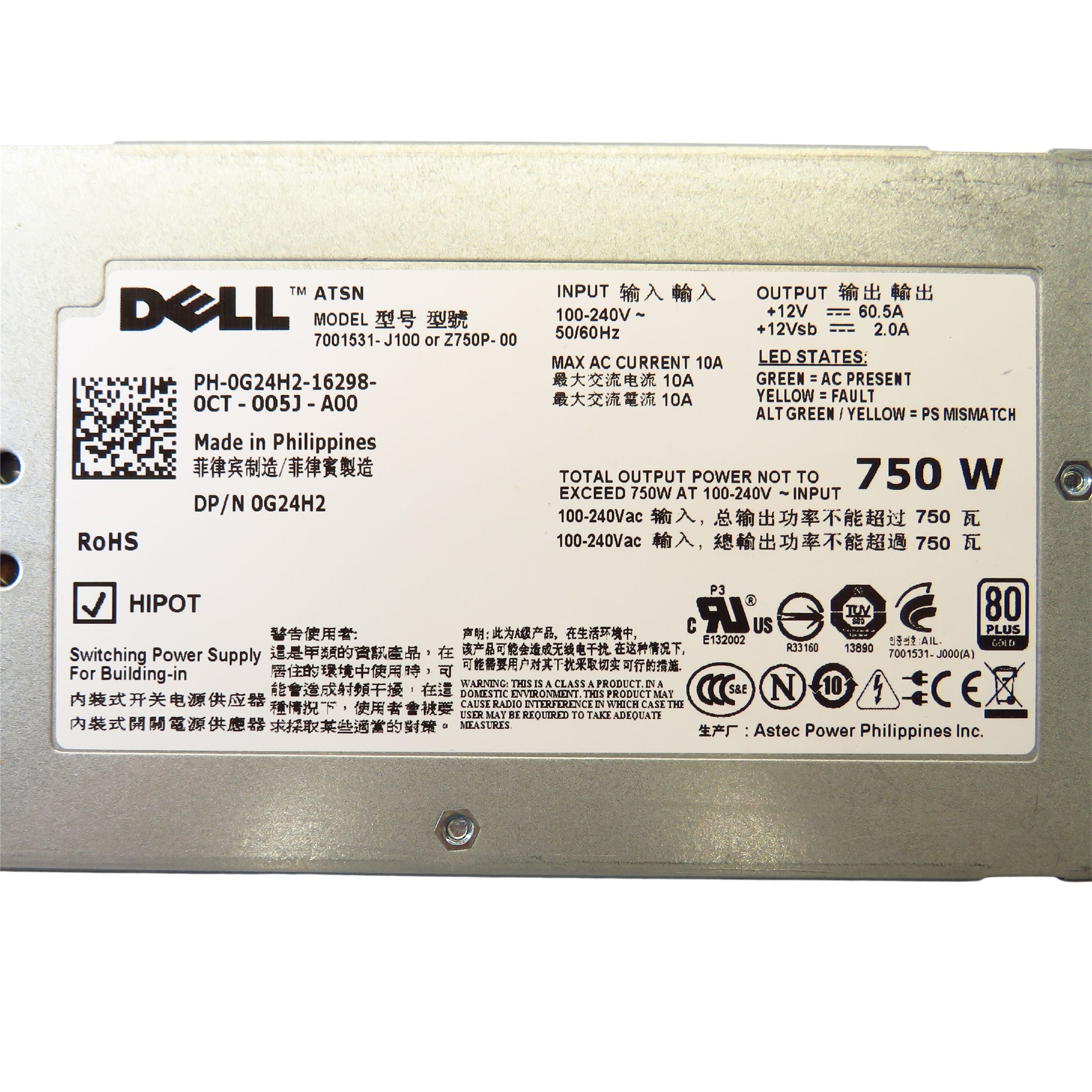 Dell FN1VT 750W R510 PowerEdge Hot Swap Server Power Supply (Refurbished)
