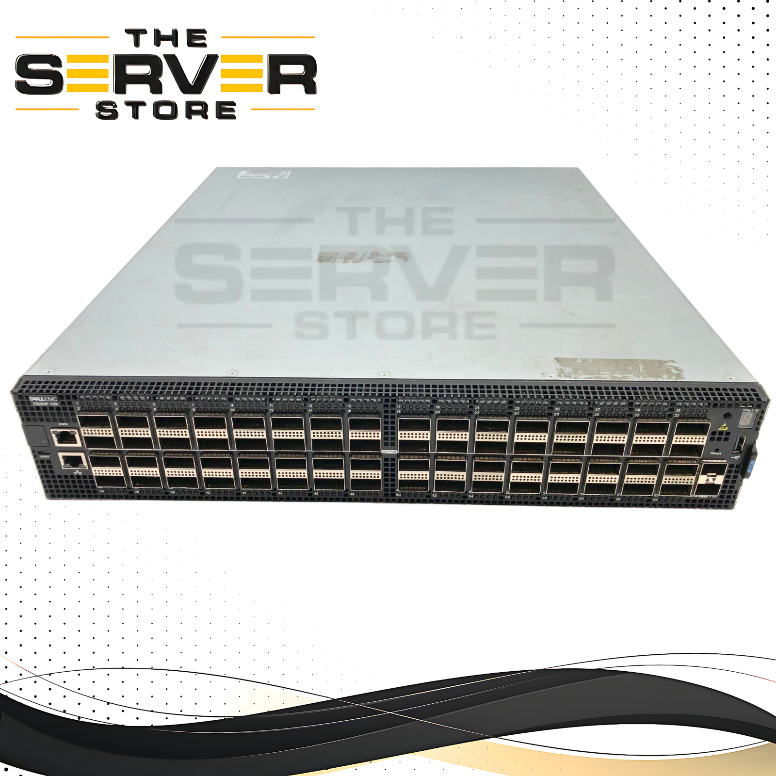 Dell EMC PowerSwitch Z9264F-ON E23W 1RU Data Center Switch. Featuring 64x 100GbE QSFP28 Ports, 2x 10GbE SFP+ Ports. Reverse Airflow. P/N: Z9264F-ON.
