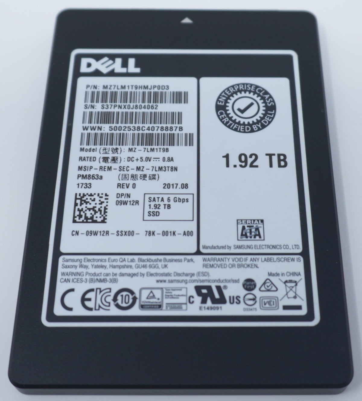 9W12R Dell 1.92TB SATA 6G Enterprise 2.5" SSD MZ-7LM1T9B 09W12R