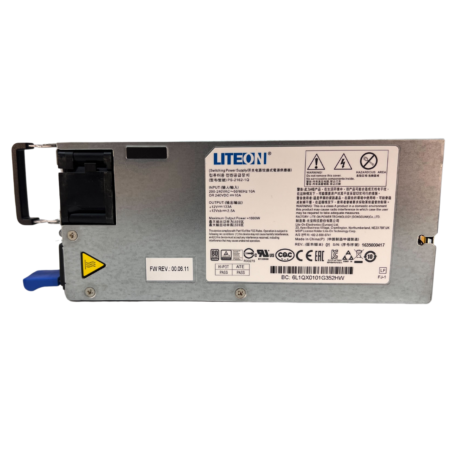 LITEON 1600W 4 Node S2S T41 Power Supply 208v For Quanta T41S-2U (PS-2162-1Q)