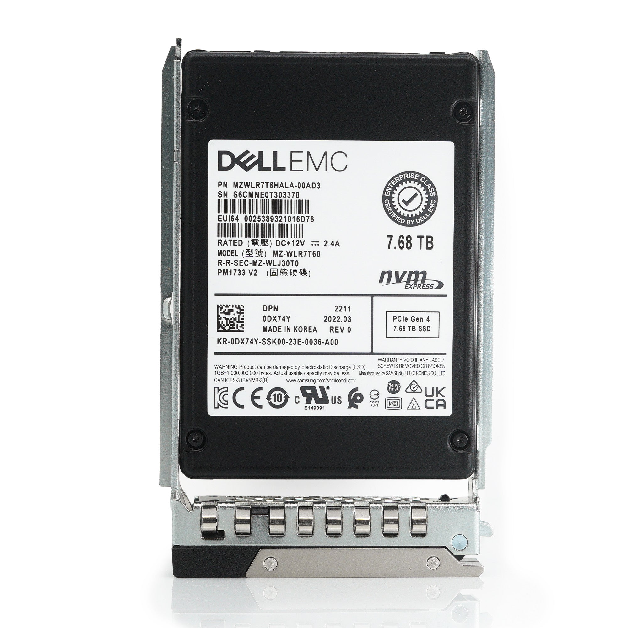 Dell G14 DX74Y MZWLR7T6HALA 7.68TB PCIe Gen 4.0 x4 8GB/s 3D TLC 1DWPD Read Intensive U.2 2.5in Refurbished SSD