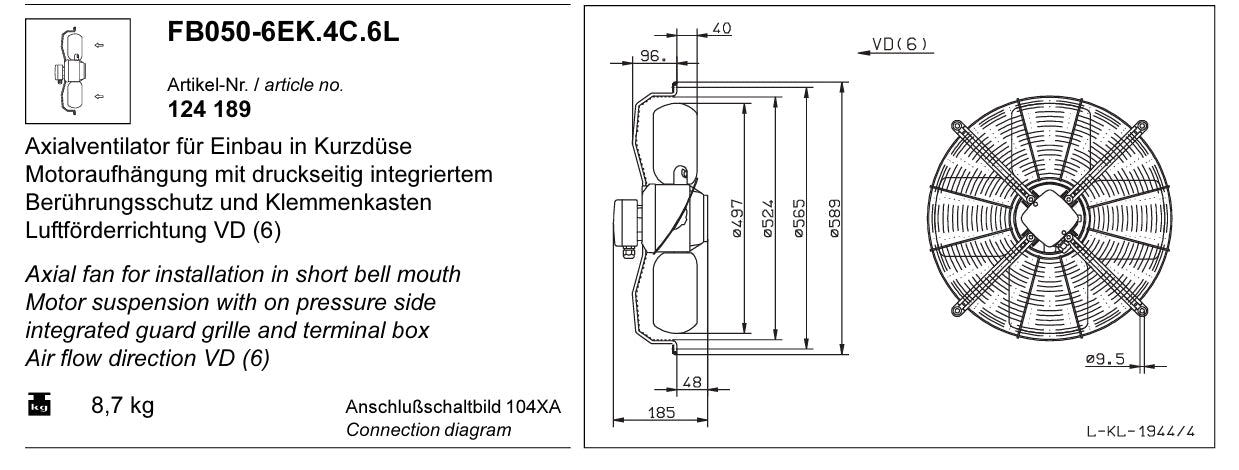 FB050-6EK.4C.6L ZIEHL-ABEGG Axial Fan 230V 0.2kW 0.96A 820rpm