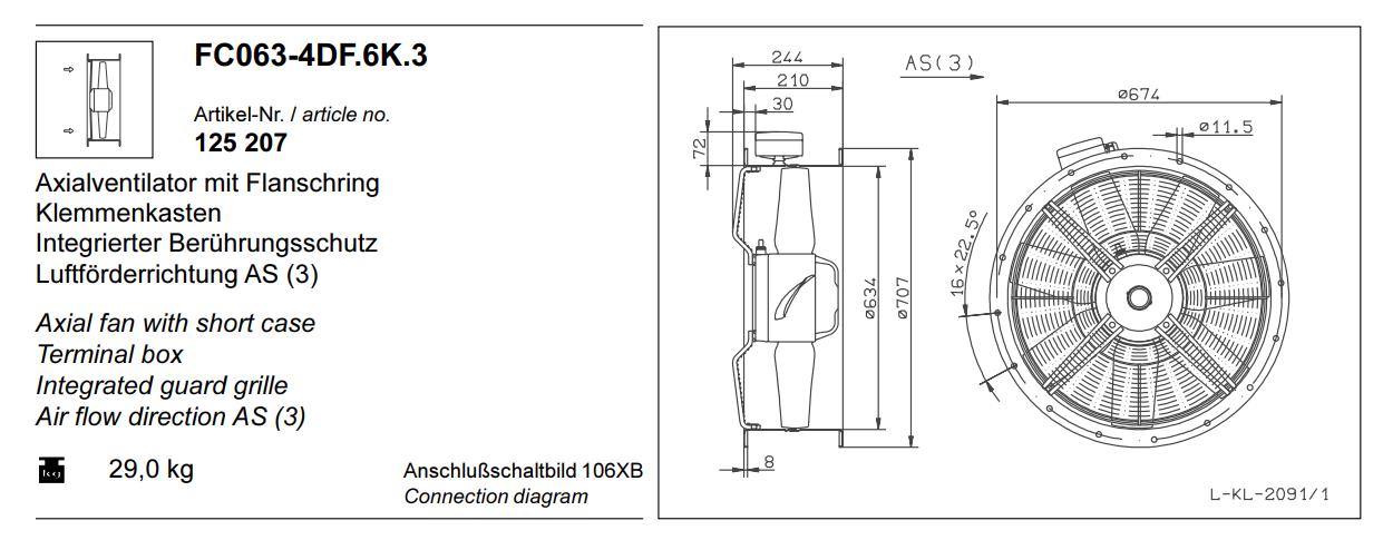 FC063-4DF.6K.3 ZIEHL-ABEGG Axial Fan 3~ 400V ± 10% 50 Hz 1.9kw, 3.2A 1360/rpm
