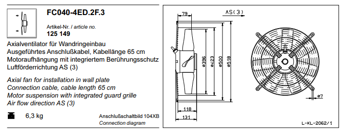 FC040-4ED.2F.3 ZIEHL-ABEGG Axial Fan 230V 0.29 kW 1.45A 1350 rpm