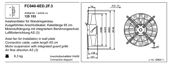 FC040-6ED.2F.3 ZIEHL-ABEGG Axial Fan 230V 0.13 kW 0.6A 940 rpm