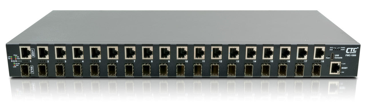 FMC-1800-AD - Gigabit 18 port SFP managed patching hub, 10/100/1000Base-TX to 100/1000Base-X SFP, SNMP, USB, rack 19", AC & DC48 power