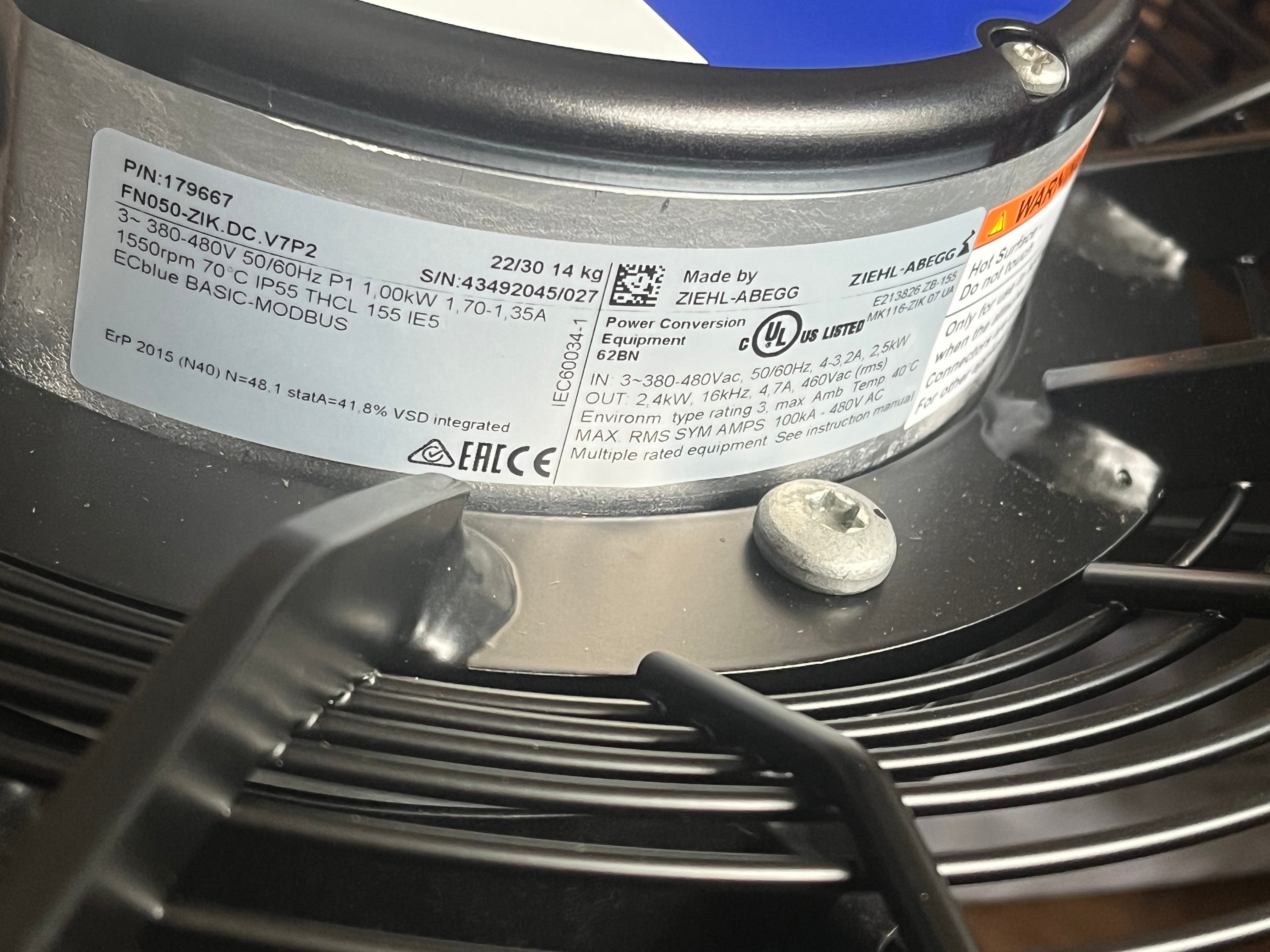 FN050-ZIK.DC.V7P2(Art. 179667) ZIEHL-ABEGG Axial Fan 3~380-480V 1.0kW 1.7/3.5A 1550rpm