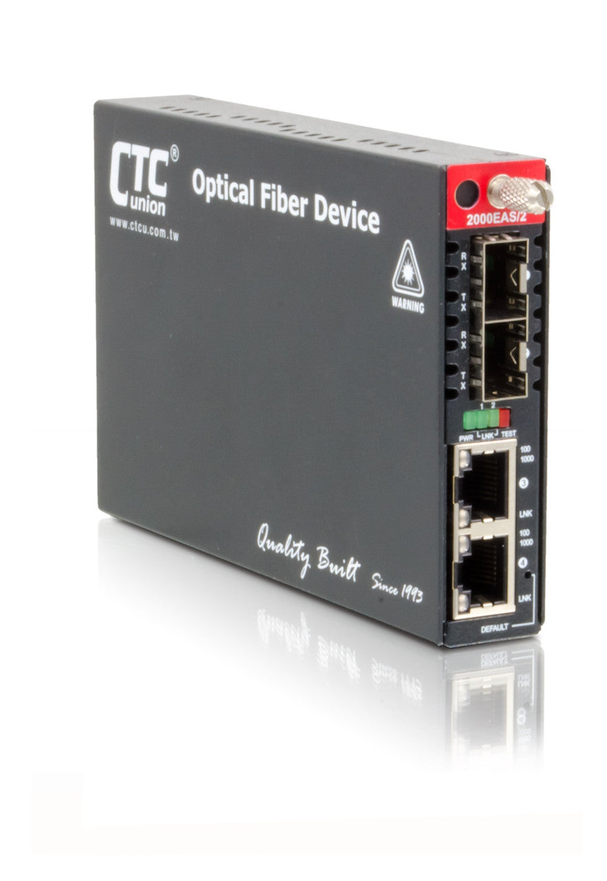 FRM220A-2000EAS/2 dual channel Gigabit Ethernet 10/100/1000BaseTx to SFP self managed fiber media converter w/ 802.3ah OAM support and AC adapter