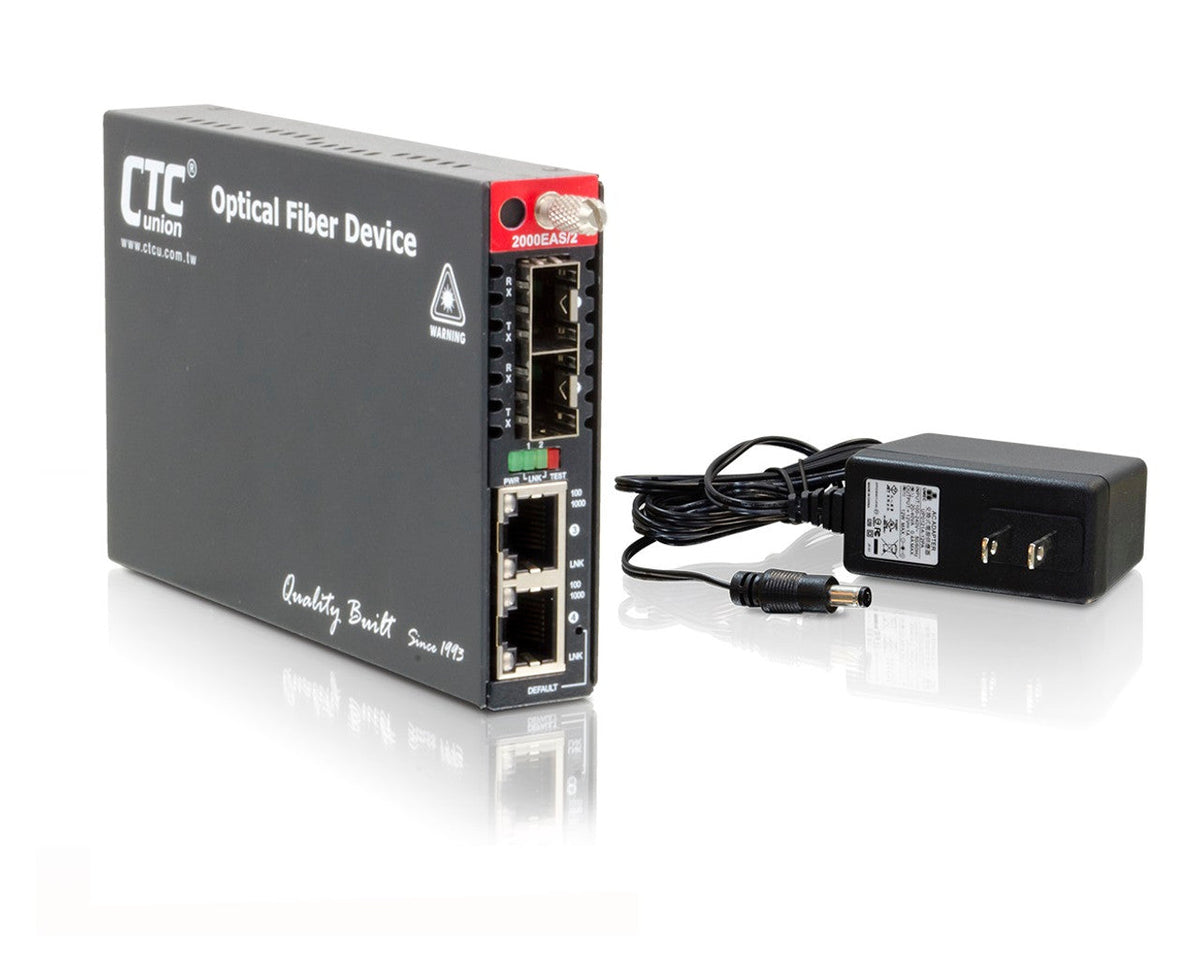 FRM220A-2000EAS/2 dual channel Gigabit Ethernet 10/100/1000BaseTx to SFP self managed fiber media converter w/ 802.3ah OAM support and AC adapter