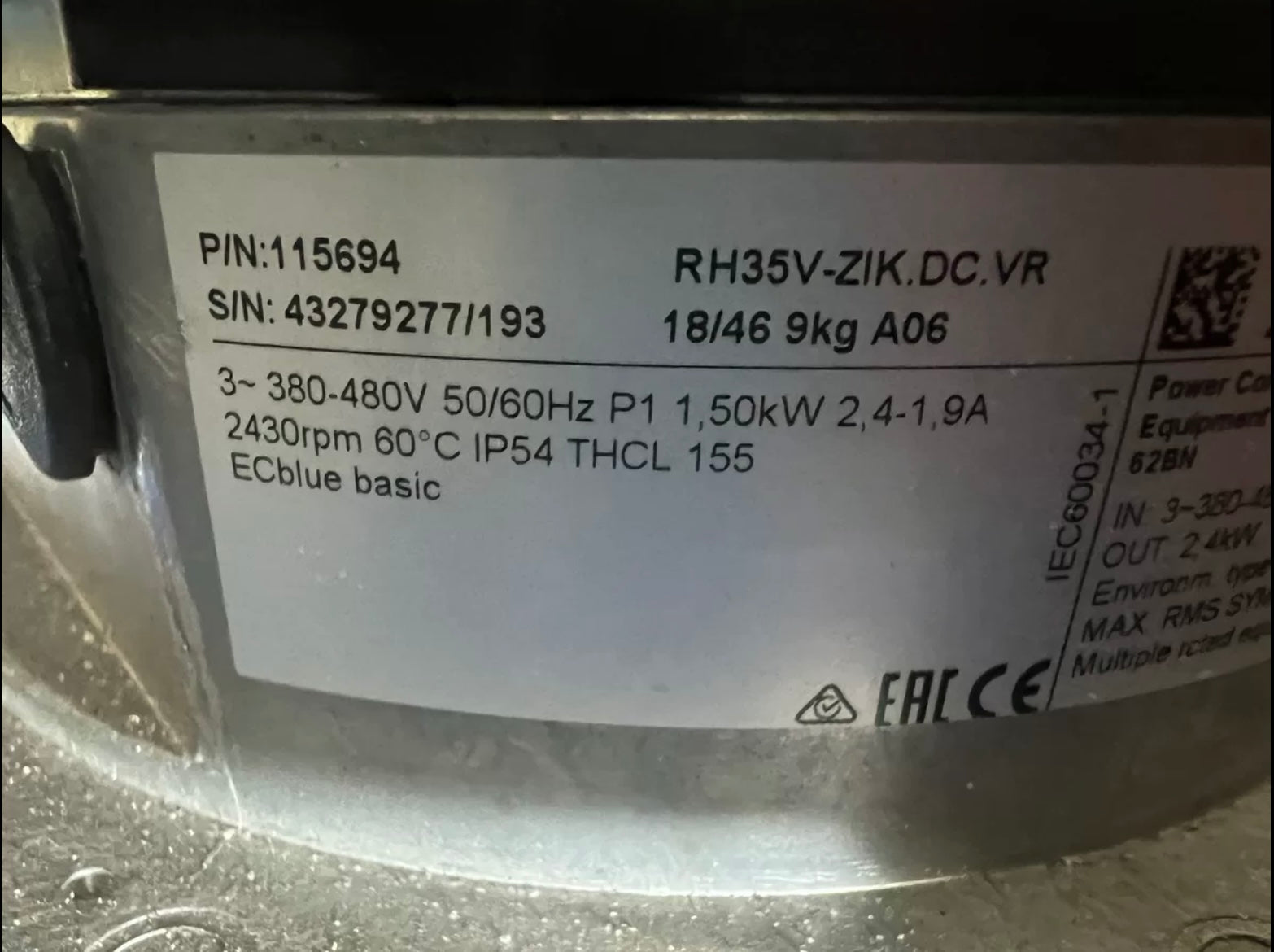 RH35V-ZIK.DC.VR ZIEHL-ABEGG centrifugal fan 380-400V 2.4-1.9A
