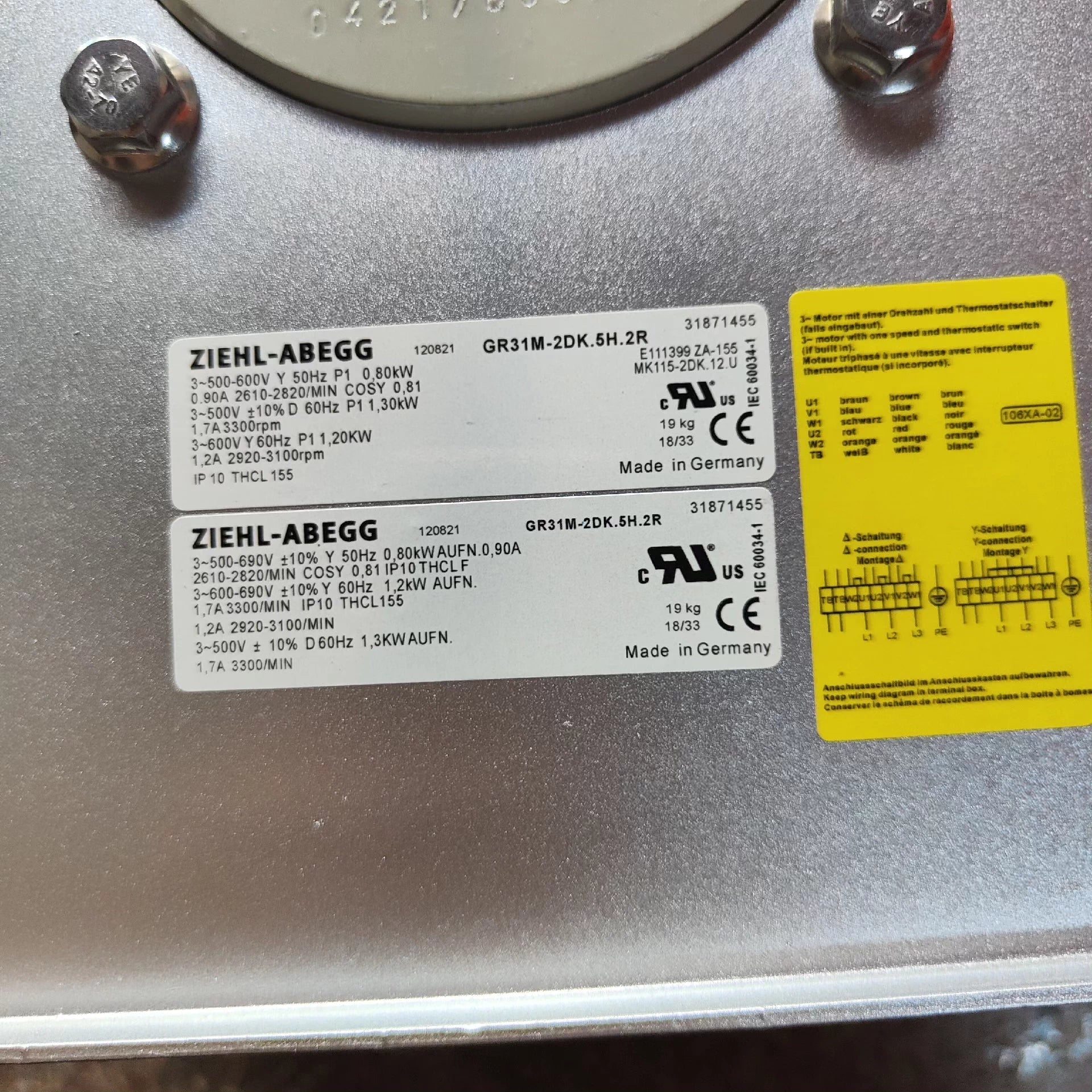 GR31M-2DK.5H.2R 120621 MK115-2DK.12U ZIEHL-ABEGG centrifugal fan 3-500/600/690V 1.3/0.80kW 1.7/0.9A 3300/2610rpm
