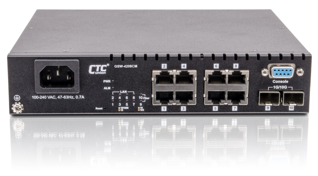 GSW-4208CM-AC - Gigabit Enterprise Ethernet 8+2 SFP+ 1G/10G ports, L2 web/SNMP managed switch for FTTH and SMB, AC power