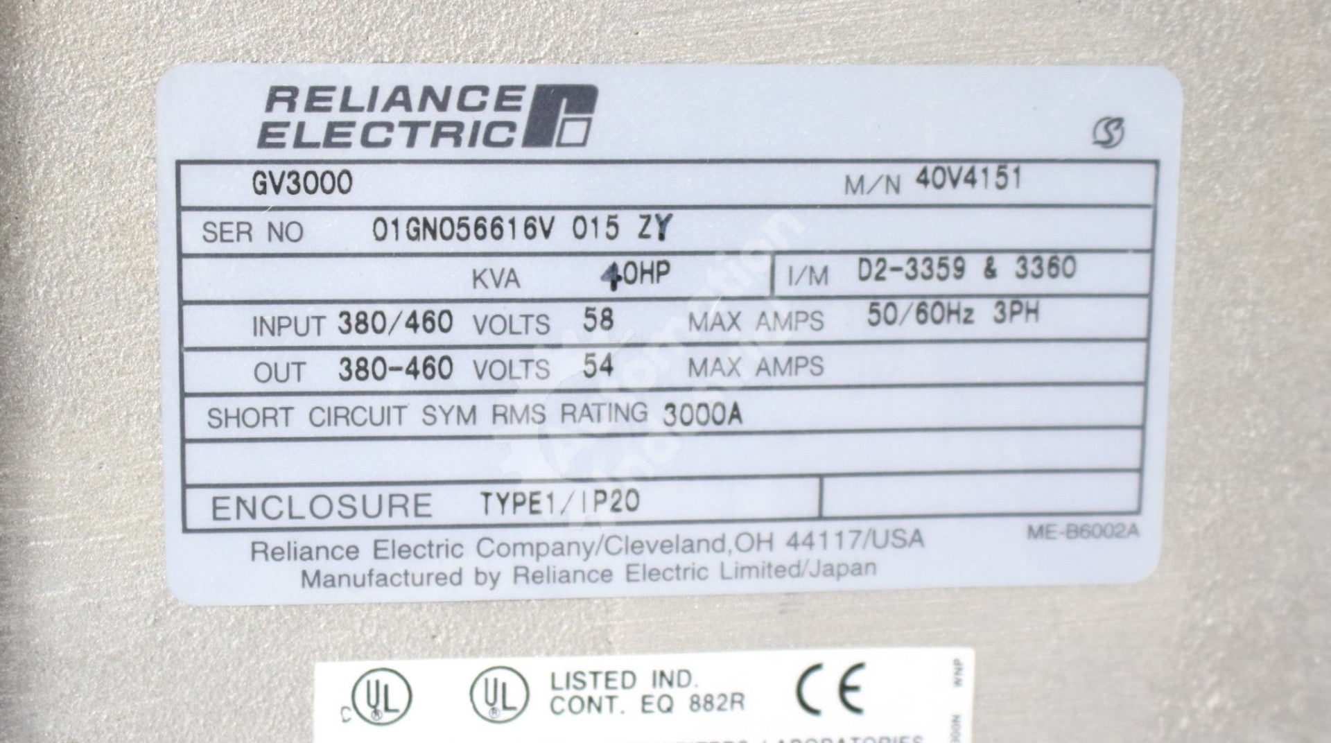 Reliance Electric 40V4151 40HP 460V GV3000 Drive