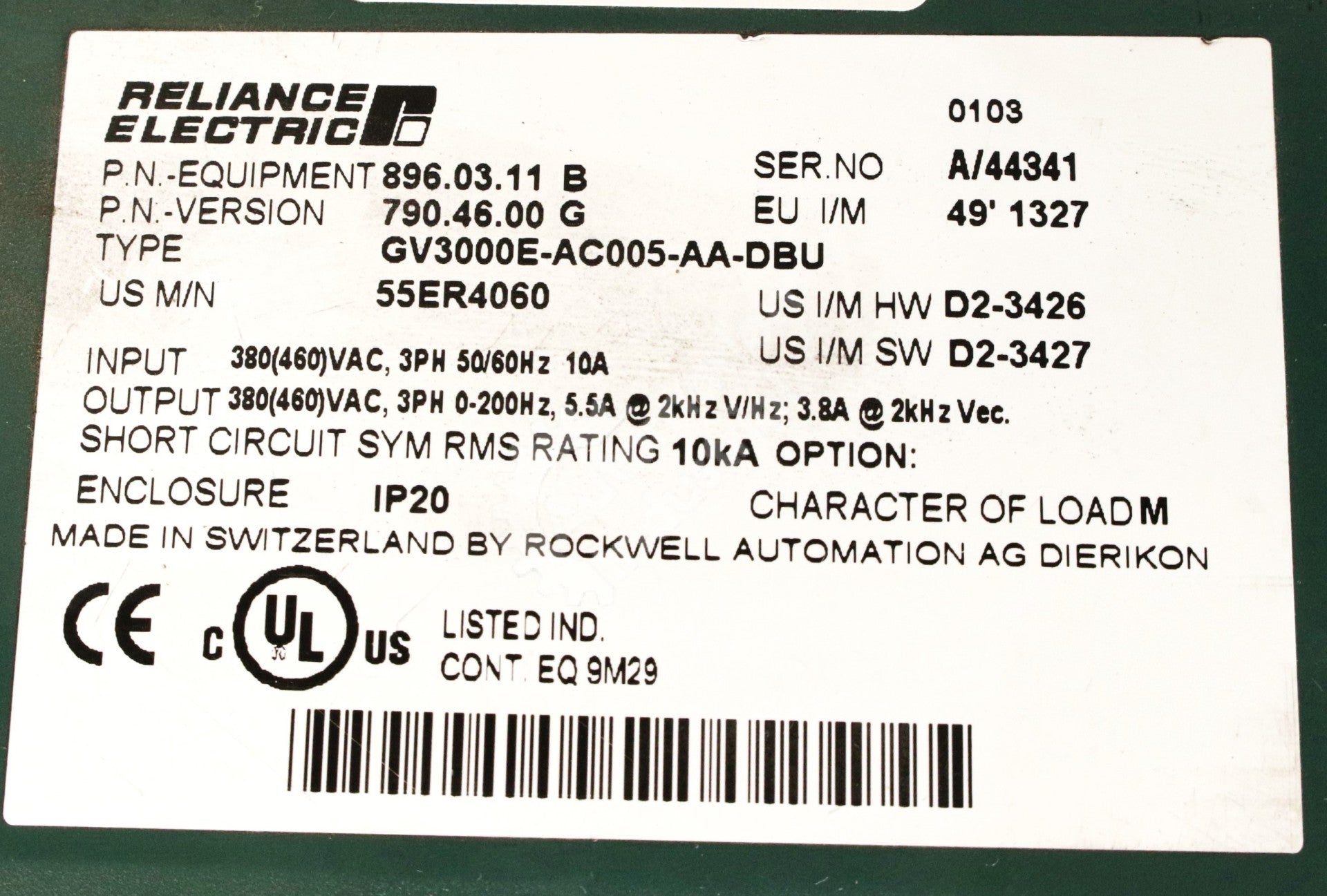 GV3000E-AC005-AA-DBU by Reliance Electric 55ER4060 3 Phase 460V Drive GV3000
