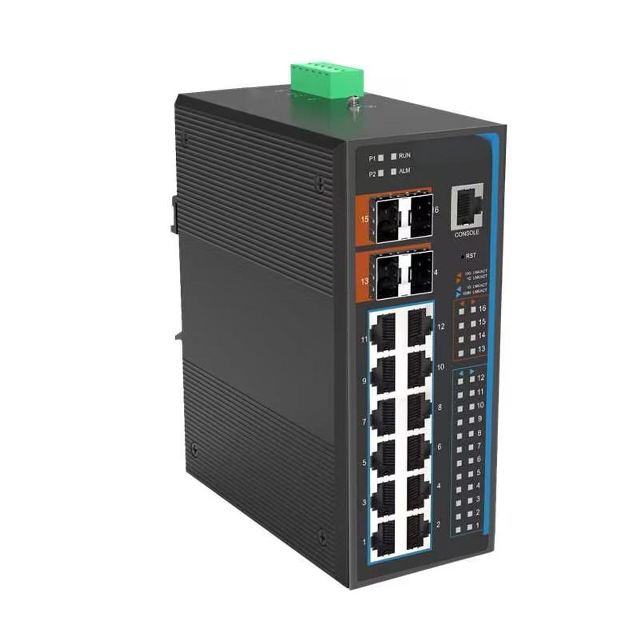 H10-1204SM-S 12x Gigabit RJ45 + 4x 1G/2.5G/5G/10G SFP+ ports Ethernet Layer 3 Managed Industrial fiber switch with IEEE1588v2 and Sync Ethernet support, DIN rail mount, -40 to +75 Celsius