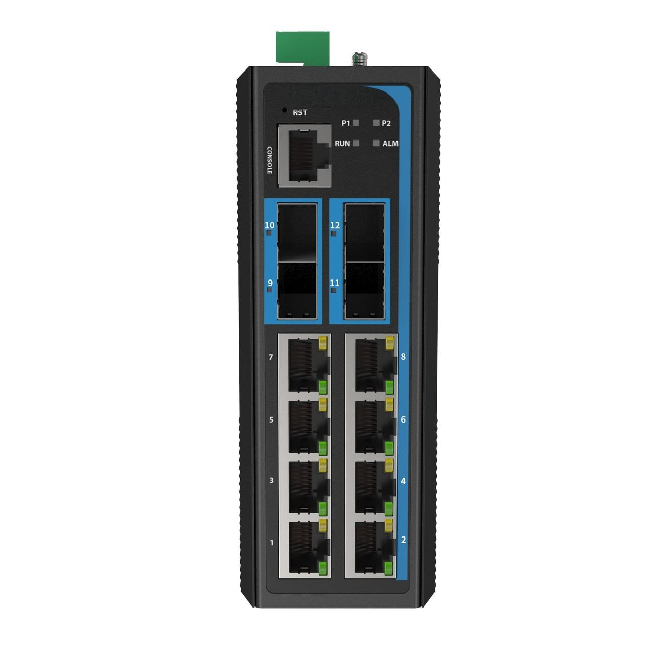 H10-804SM-PSE - 8x Gigabit RJ45 + 2x 1G/2.5G/10G SFP+ ports + 2x 1G/10G SFP+ ports Ethernet Layer 3 Managed PoE Industrial fiber switch 240W total power, DIN rail mount, -40 to +75 Celsius