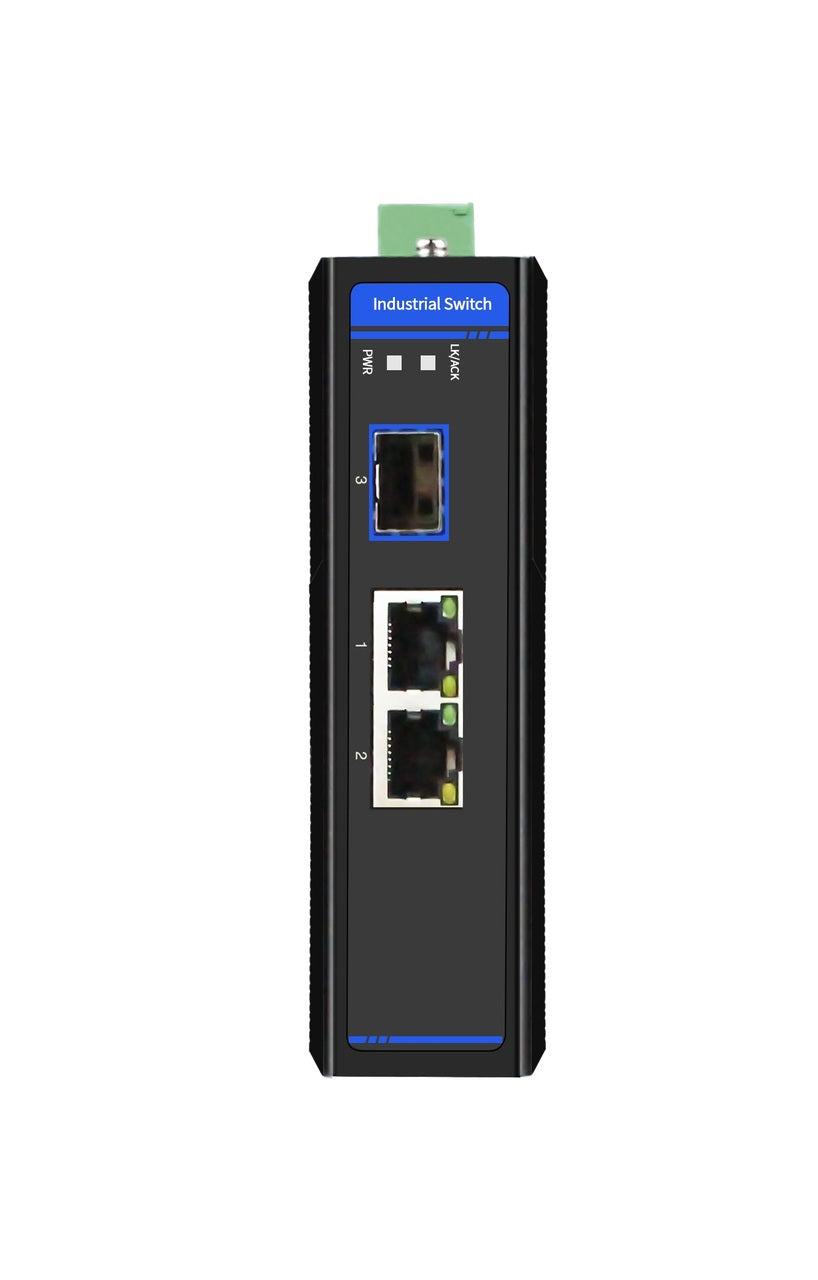 HC-1002-SFP-PSE - 2x RJ45 +1x SFP ports Gigabit Ethernet Industrial fiber switch with 60W of PoE PSE, DIN rail mount, -40 to +75 Celsius