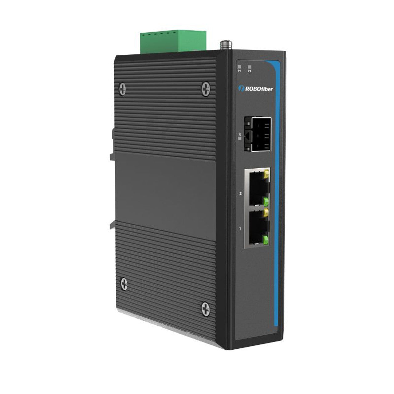 HC-1002-SFP-PSE - 2x RJ45 +1x SFP ports Gigabit Ethernet Industrial fiber switch with 60W of PoE PSE, DIN rail mount, -40 to +75 Celsius