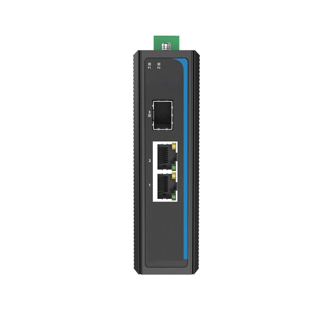 HC-1002-SFP - 2x RJ45 +1x SFP ports Gigabit Ethernet Industrial fiber switch, DIN rail mount, -40 to +75 Celsius