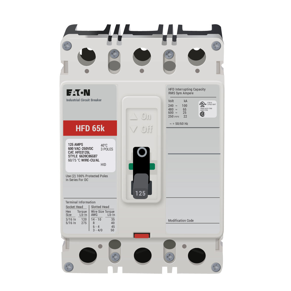 HFD3125L | Eaton Series C 125A 3-Pole F-Frame Molded Case Circuit Breaker