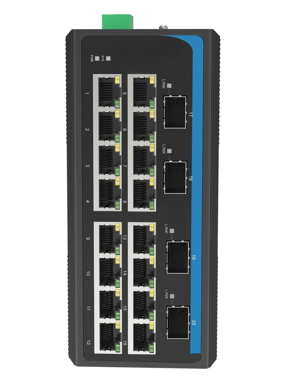 HGW-1604SM-PSE - 16x RJ45 + 4x SFP ports Gigabit Ethernet Managed PoE Industrial fiber switch 240W total power, DIN rail mount, -40 to +75 Celsius