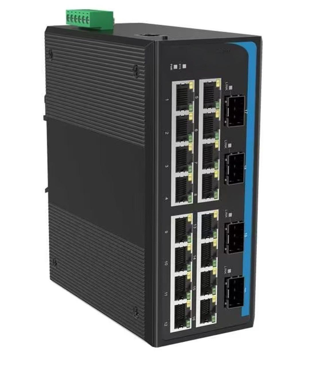 HGW-1604SM-PSE - 16x RJ45 + 4x SFP ports Gigabit Ethernet Managed PoE Industrial fiber switch 240W total power, DIN rail mount, -40 to +75 Celsius