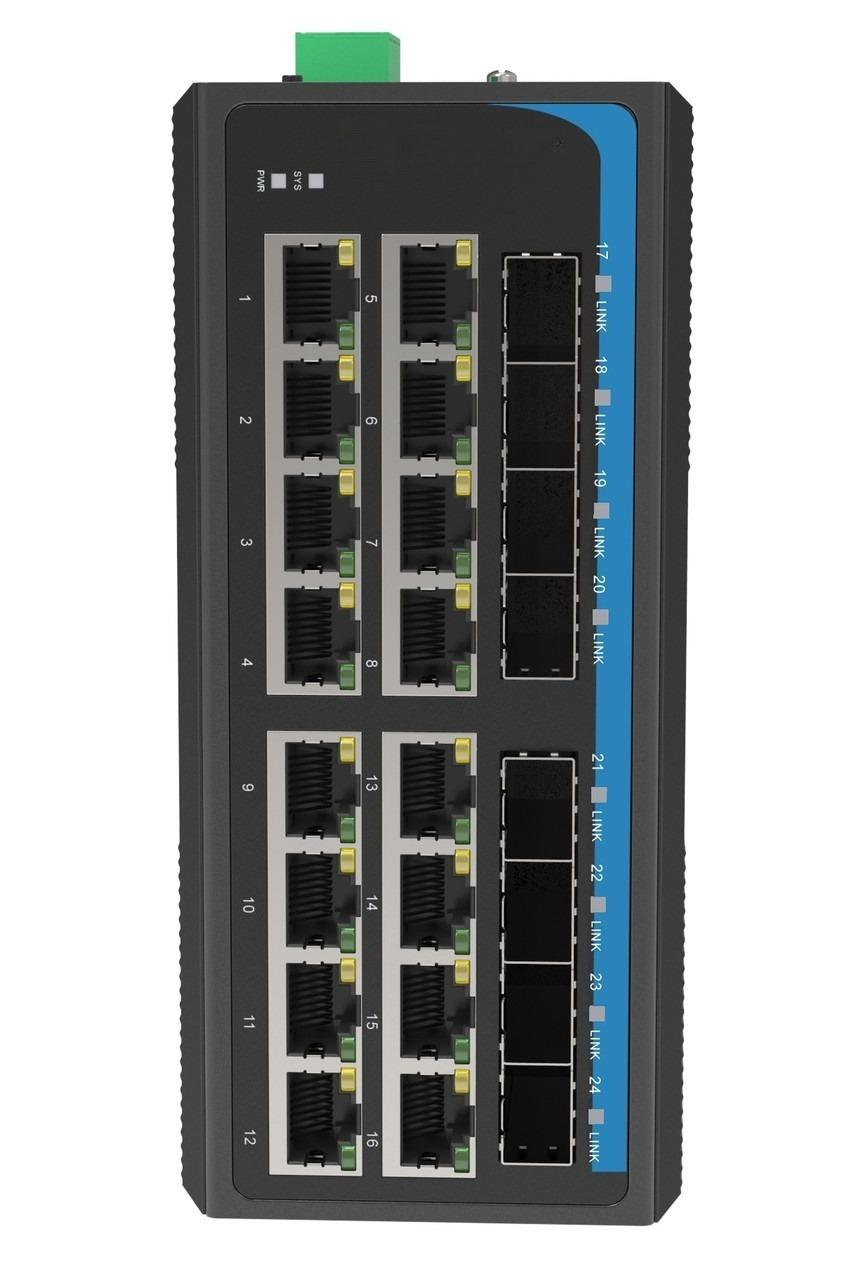 HGW-1608SM-PSE - 16x RJ45 + 8x SFP ports Gigabit Ethernet Managed PoE Industrial fiber switch 240W total power, DIN rail mount, -40 to +75 Celsius