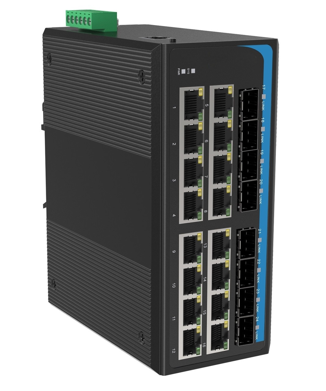 HGW-1608SM-PSE - 16x RJ45 + 8x SFP ports Gigabit Ethernet Managed PoE Industrial fiber switch 240W total power, DIN rail mount, -40 to +75 Celsius