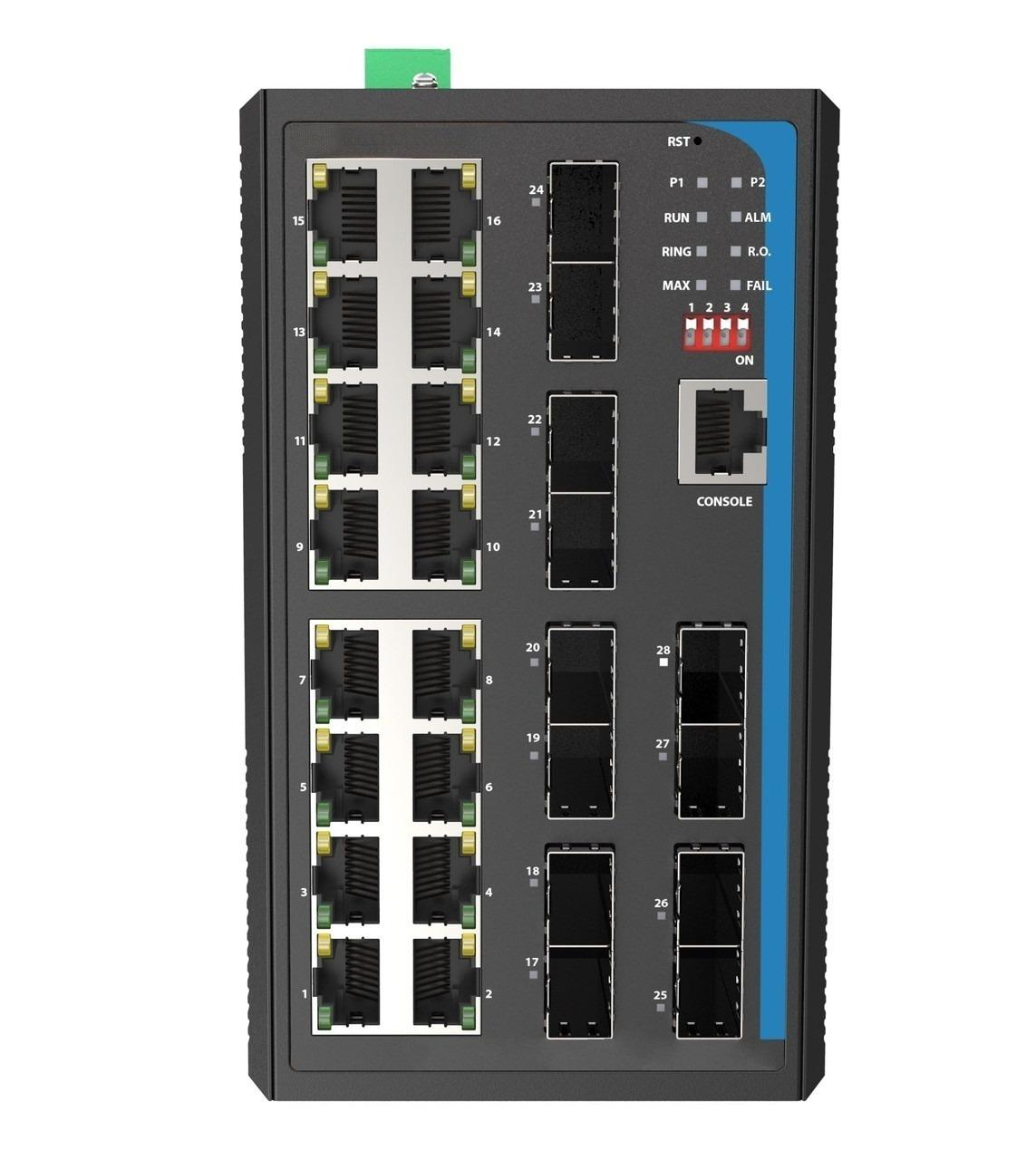 HGW-1612SM - 16x RJ45 + 12x SFP ports Gigabit Ethernet Managed Industrial fiber switch, DIN rail mount, -40 to +75 Celsius