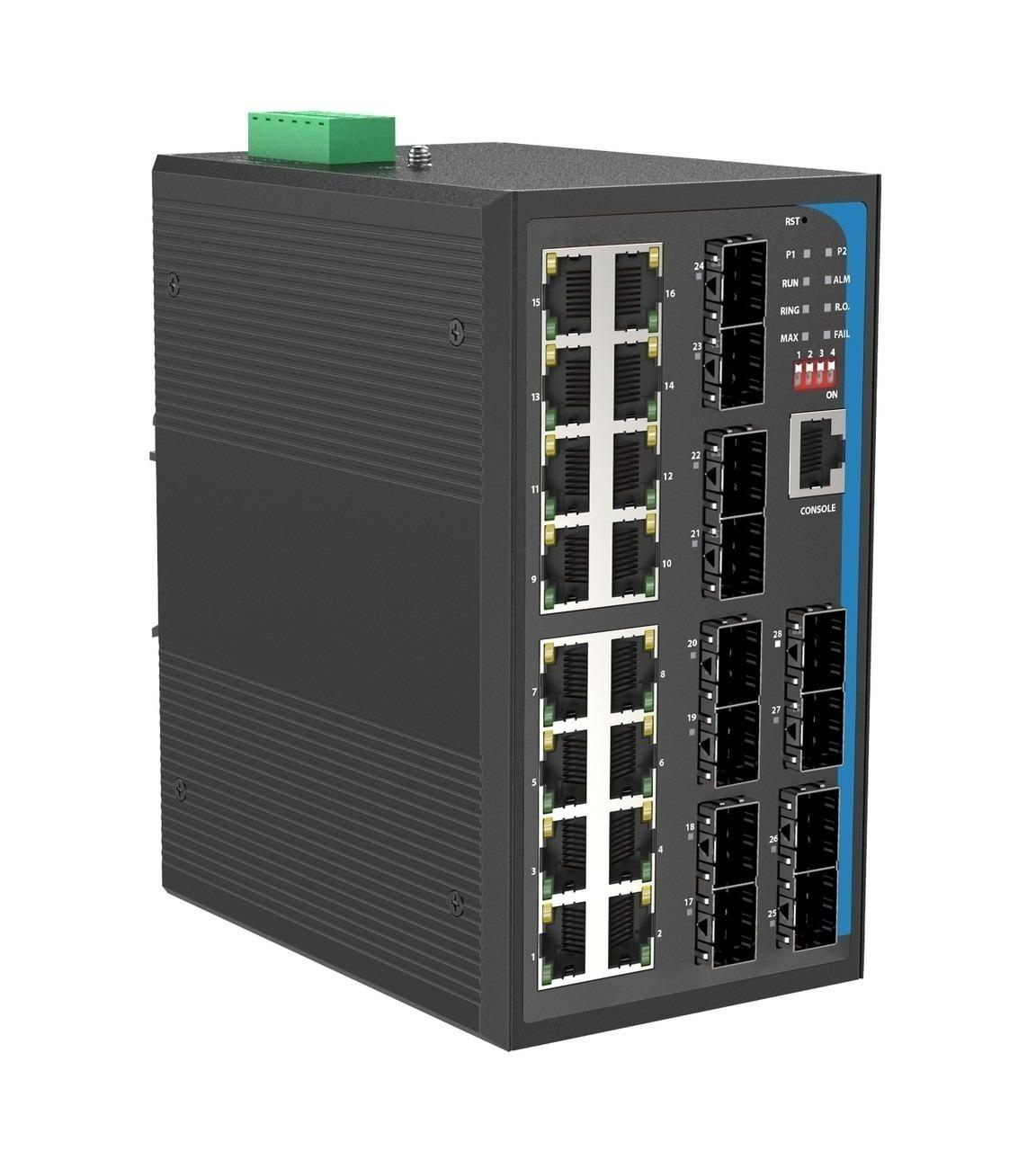 HGW-1612SM - 16x RJ45 + 12x SFP ports Gigabit Ethernet Managed Industrial fiber switch, DIN rail mount, -40 to +75 Celsius