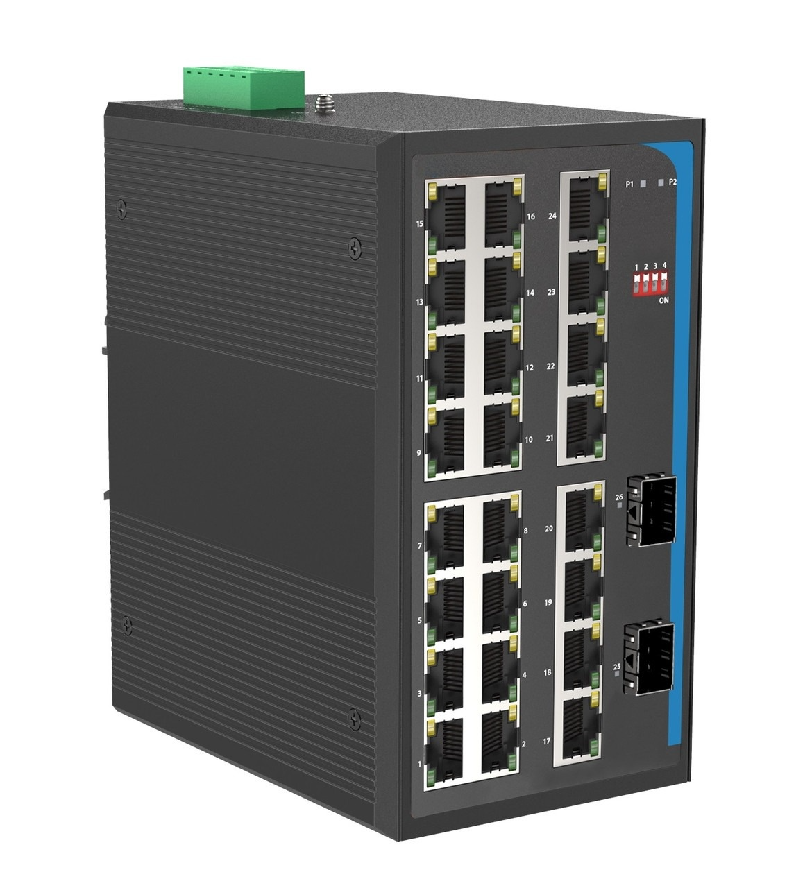 HGW-2402A-PSE - 24x RJ45 + 2x SFP ports Gigabit Ethernet PoE Industrial fiber switch 480W total power, DIN rail mount, -40 to +75 Celsius